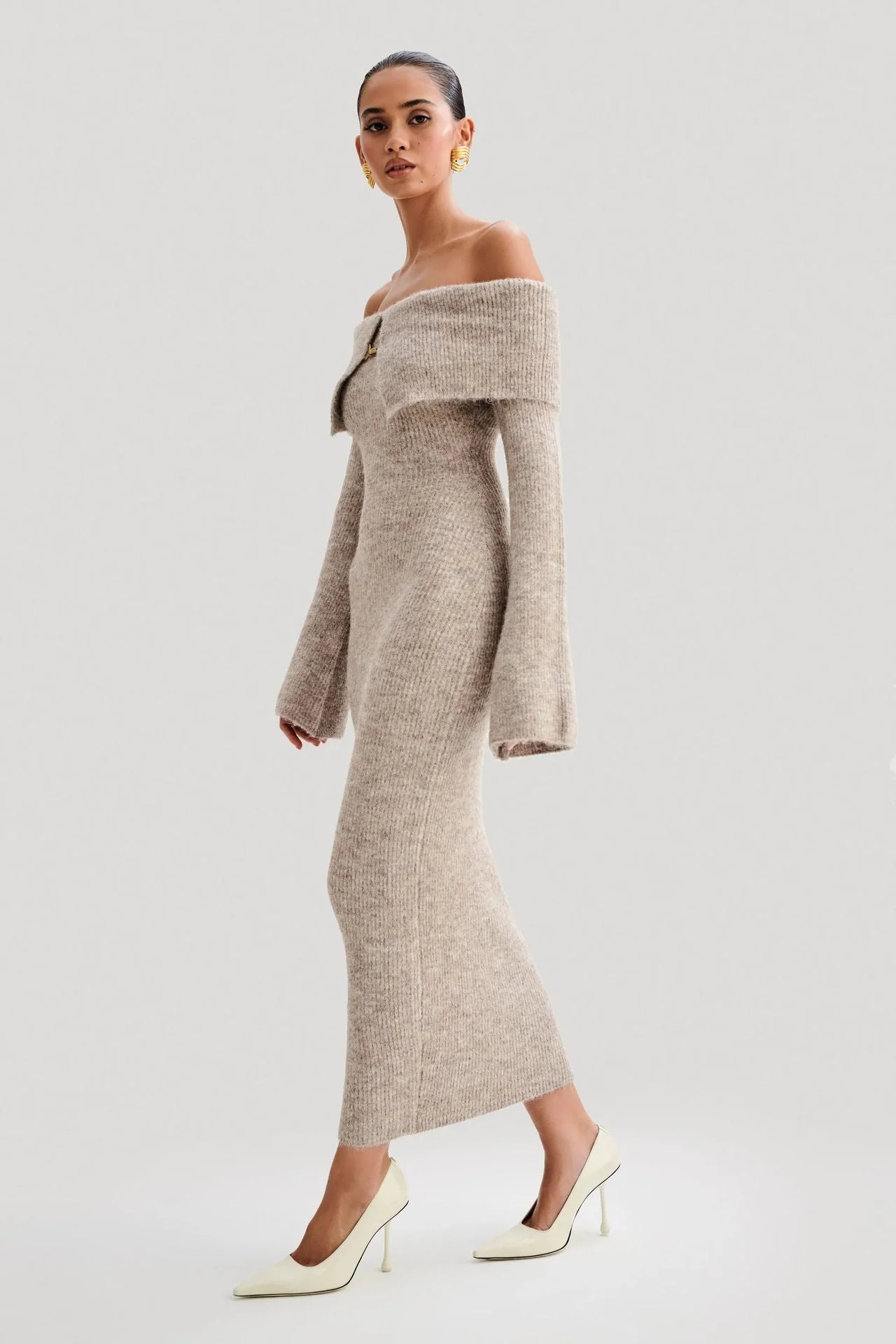 Slim Fitted Off-Shoulder Long Sleeve Sweater Dress - Image 3