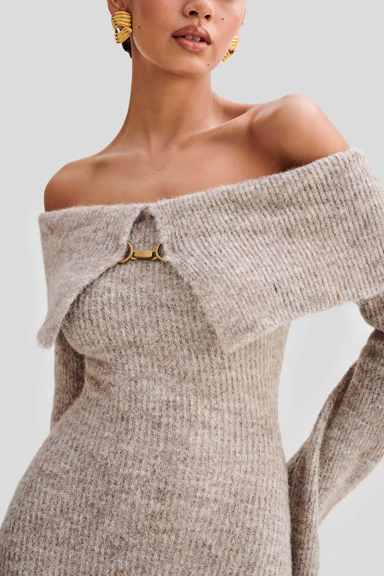 Slim Fitted Off-Shoulder Long Sleeve Sweater Dress - Image 5