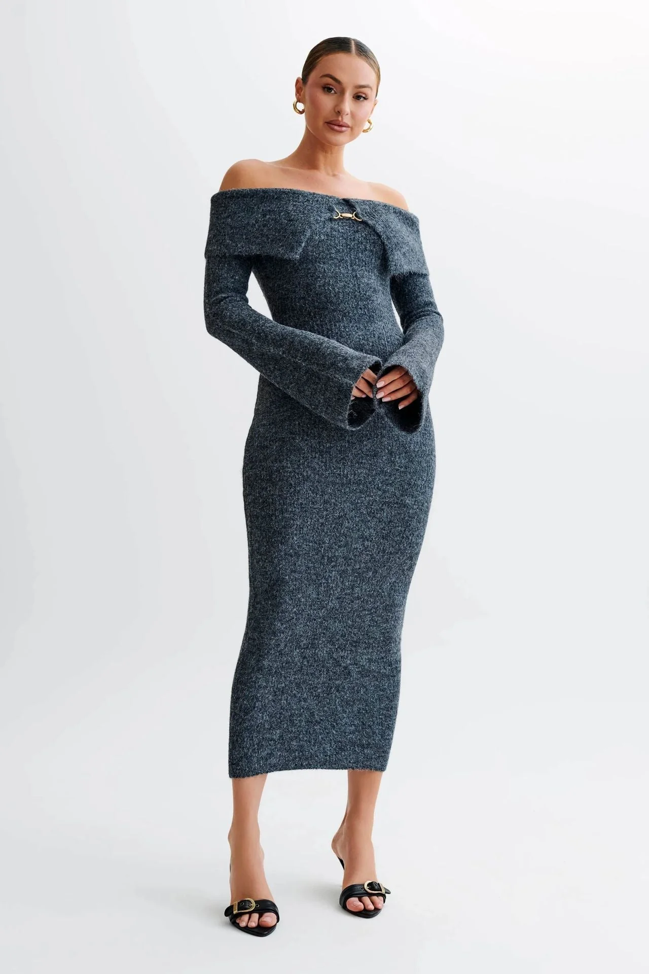 Slim Fitted Off-Shoulder Long Sleeve Sweater Dress - Image 6