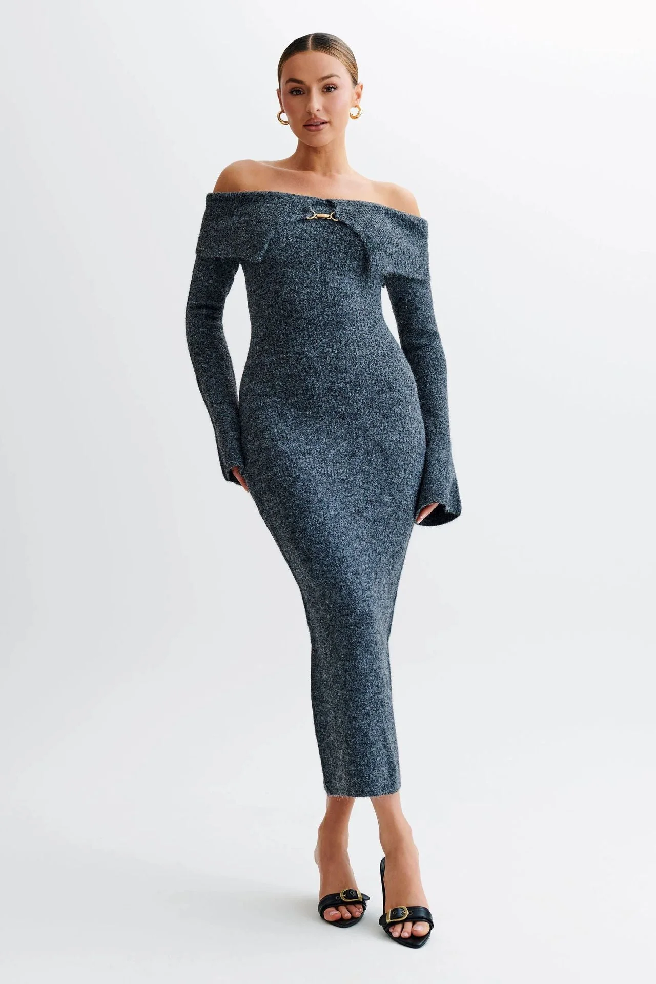 Slim Fitted Off-Shoulder Long Sleeve Sweater Dress - Image 7