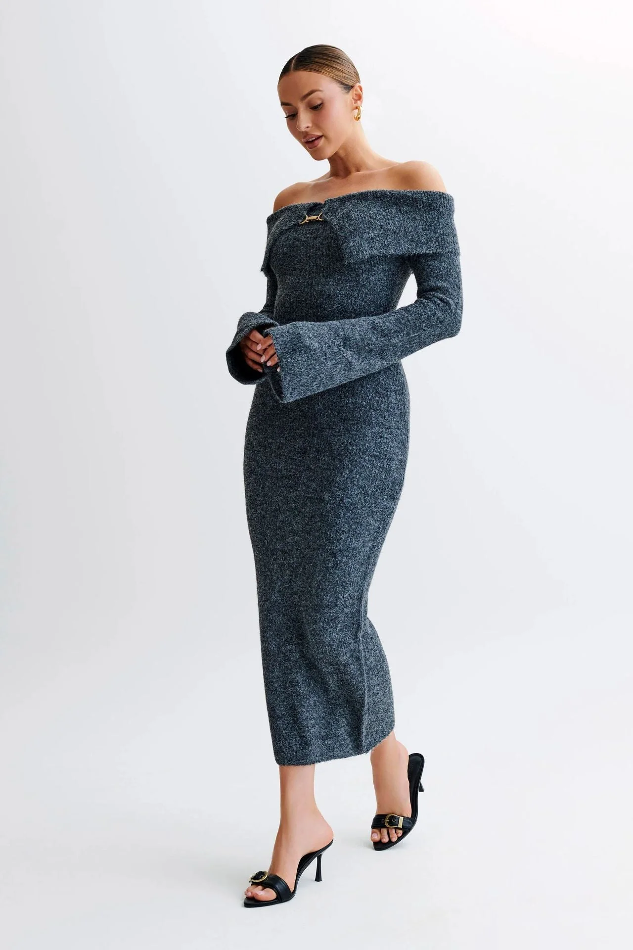 Slim Fitted Off-Shoulder Long Sleeve Sweater Dress - Image 8