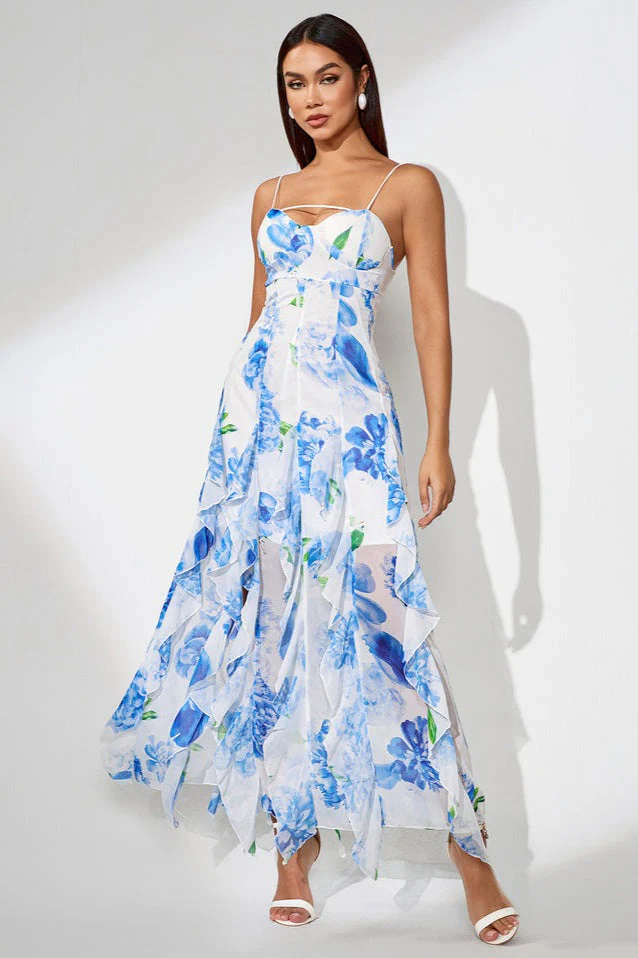 Slit Ruffled Floral Print Party Dress - Image 3