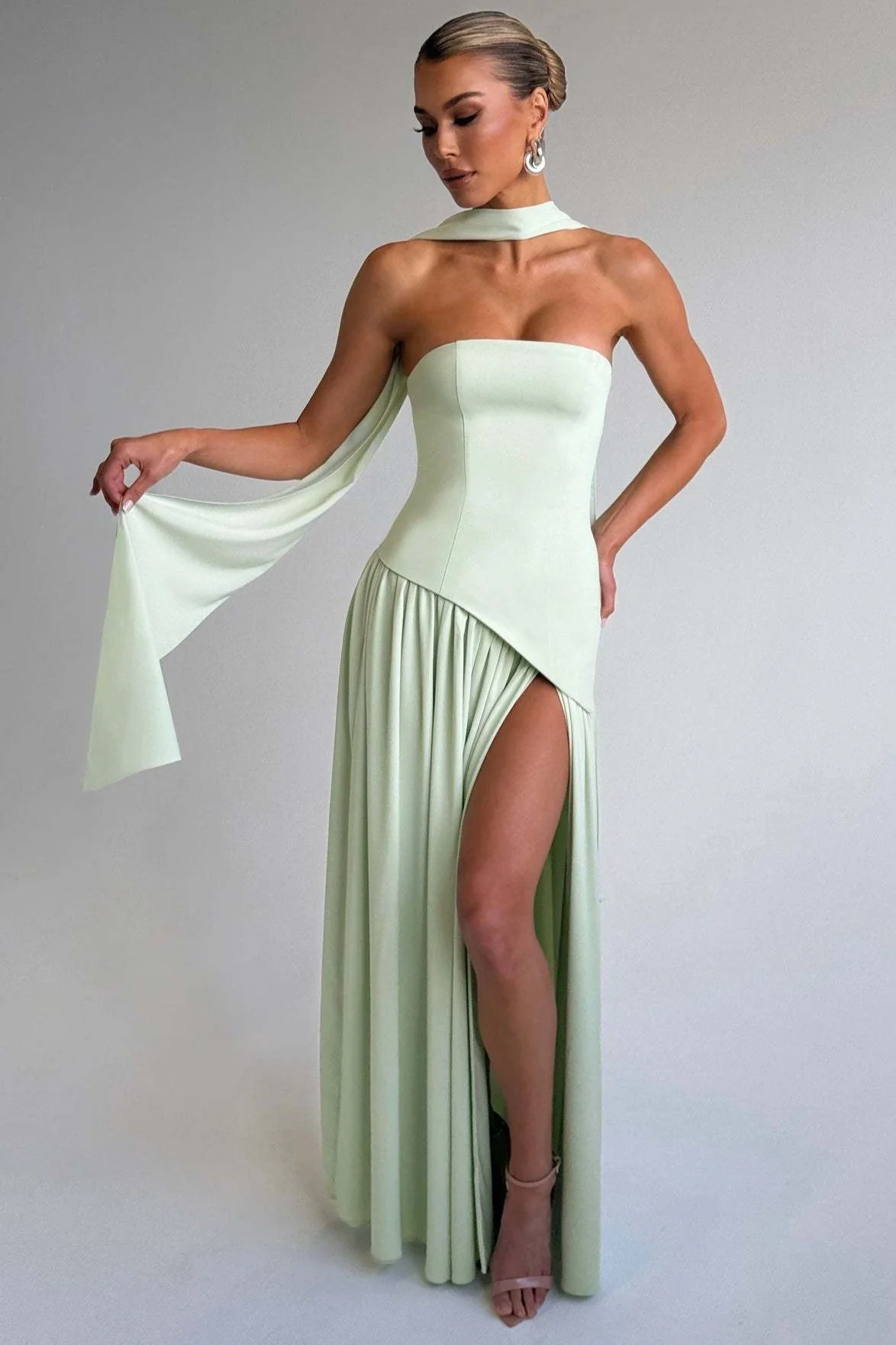 Solid Bustier High Slit Formal Dress - Image 9
