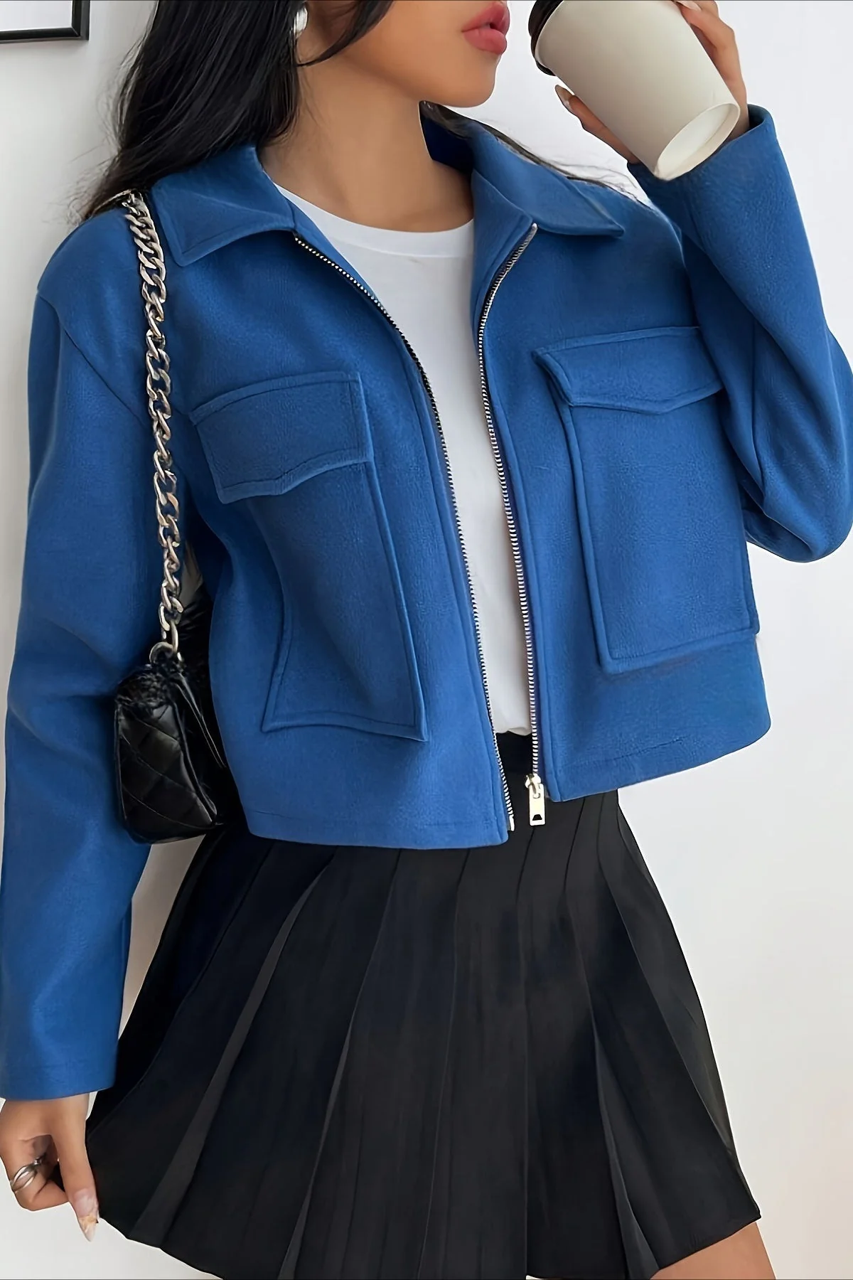 Solid Color Cropped Zip Sleeve Jacket - Image 4