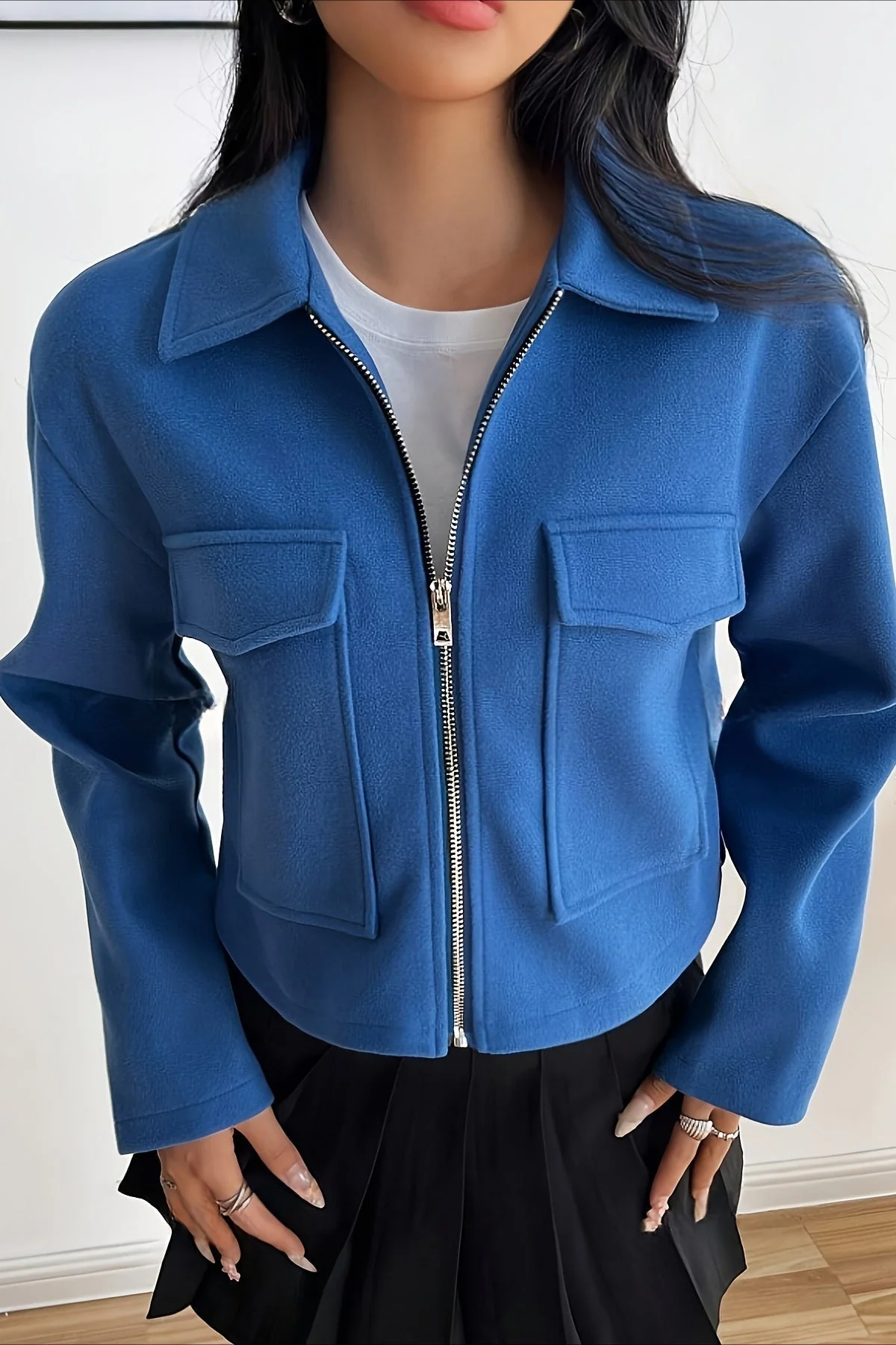 Solid Color Cropped Zip Sleeve Jacket - Image 5
