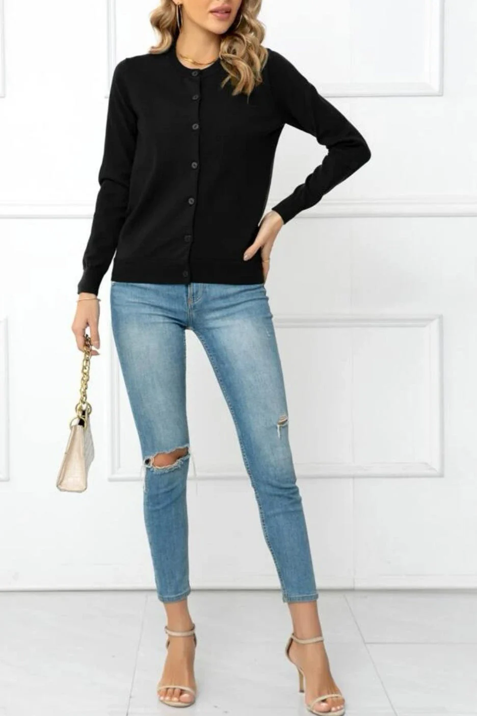 Solid Color Knit Cardigan - Image 4