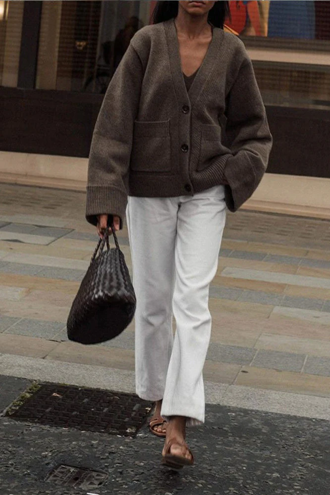 Solid Color Knit V-Neck Coat - Image 4