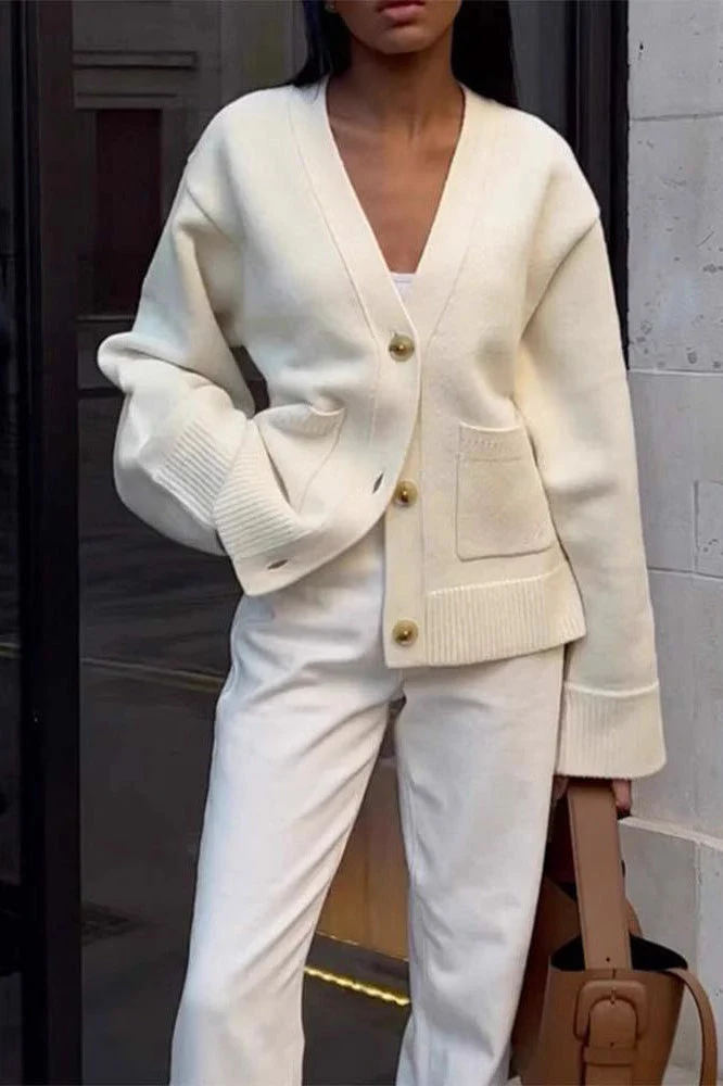 Solid Color Knit V-Neck Coat - Image 5