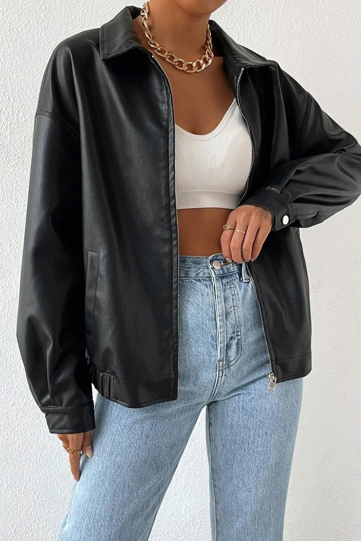 Solid Color Leather Look Jacket - Image 2