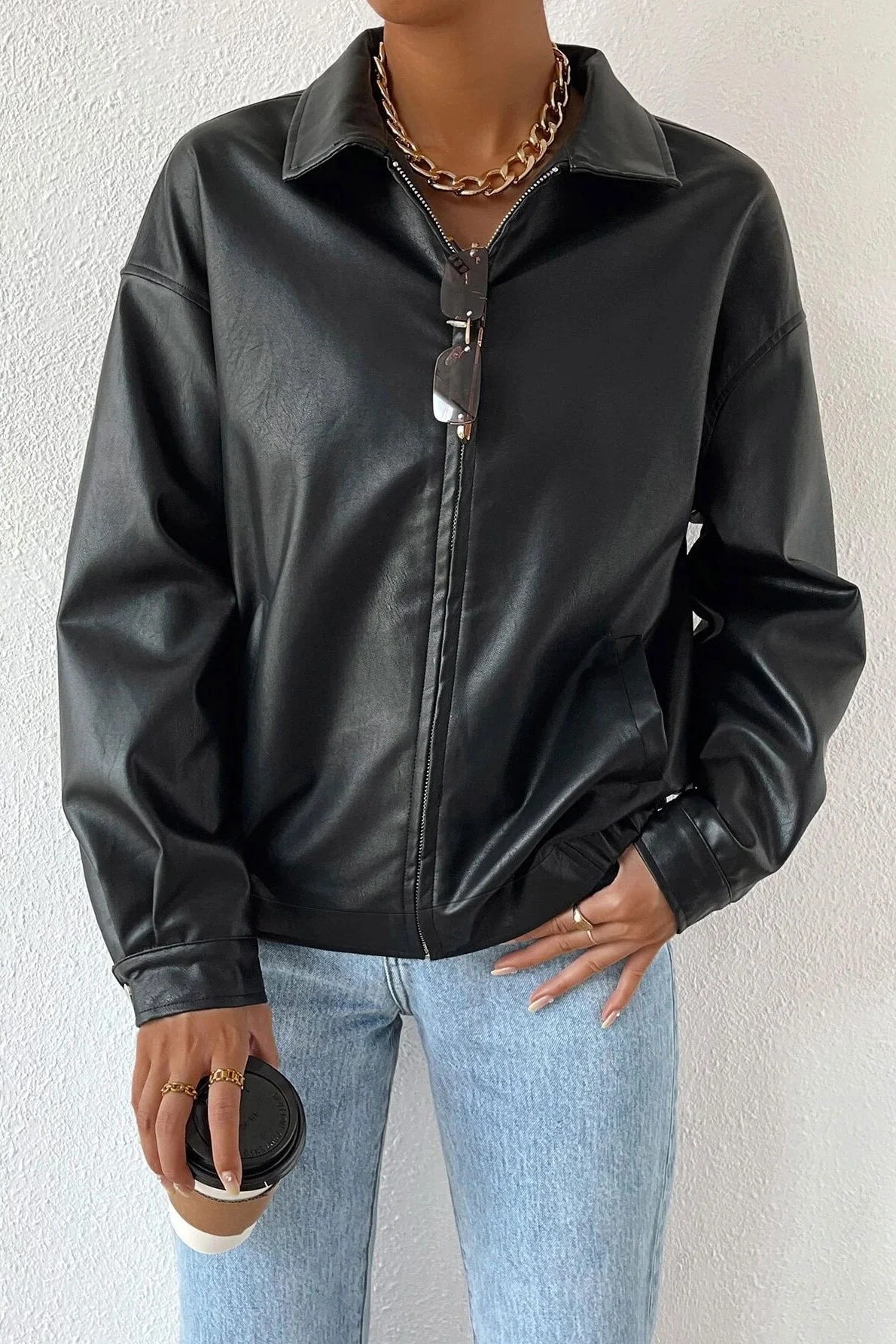 Solid Color Leather Look Jacket - Image 3