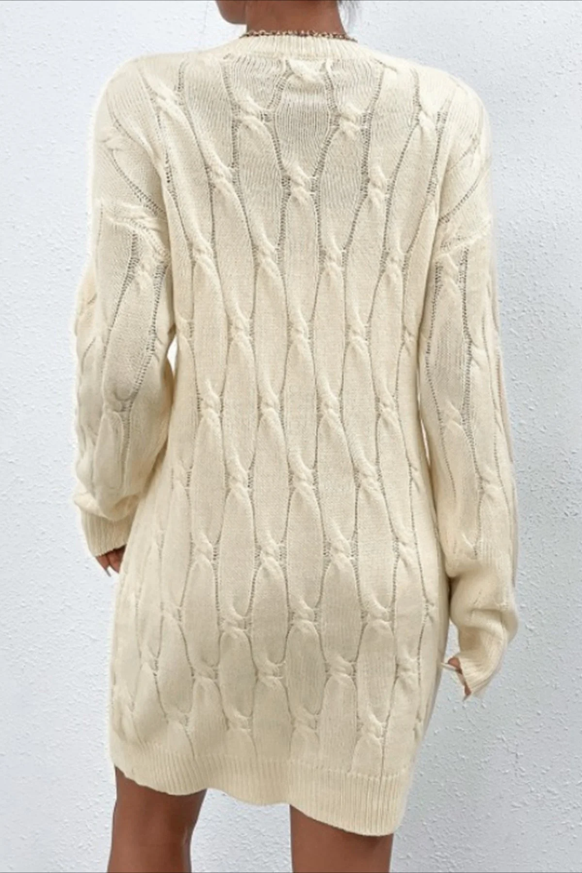 Solid Color Long Sleeve Cable Knit Sweater Dress - Image 2