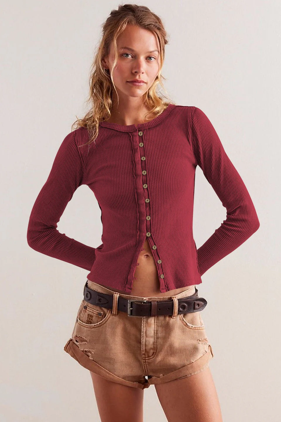 Solid Color Ribbed Cardigan - Image 2
