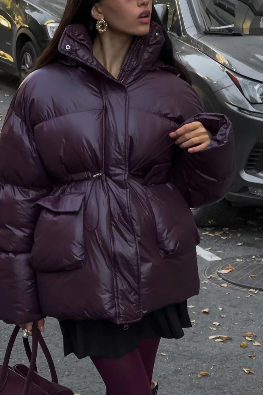 Solid Color Zipped Hooded Puffer Jacket - Image 2