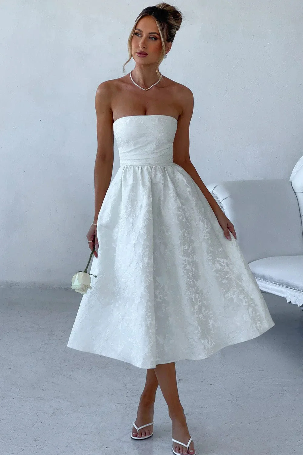 Solid Jacquard Strapless A-Line Party Dress - Image 10