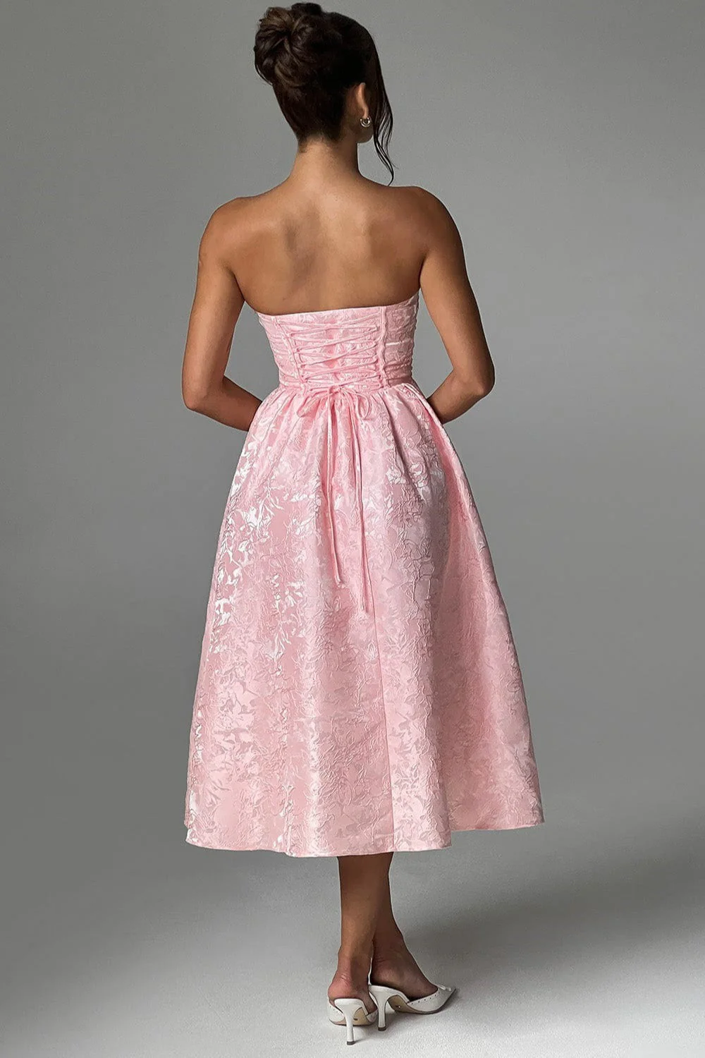 Solid Jacquard Strapless A-Line Party Dress - Image 2