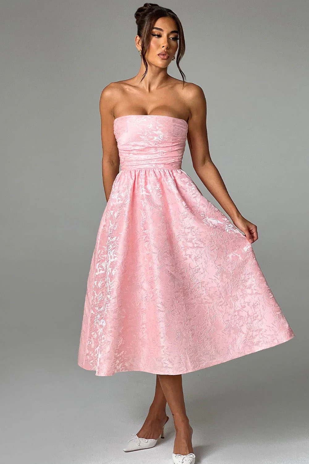 Solid Jacquard Strapless A-Line Party Dress - Image 3