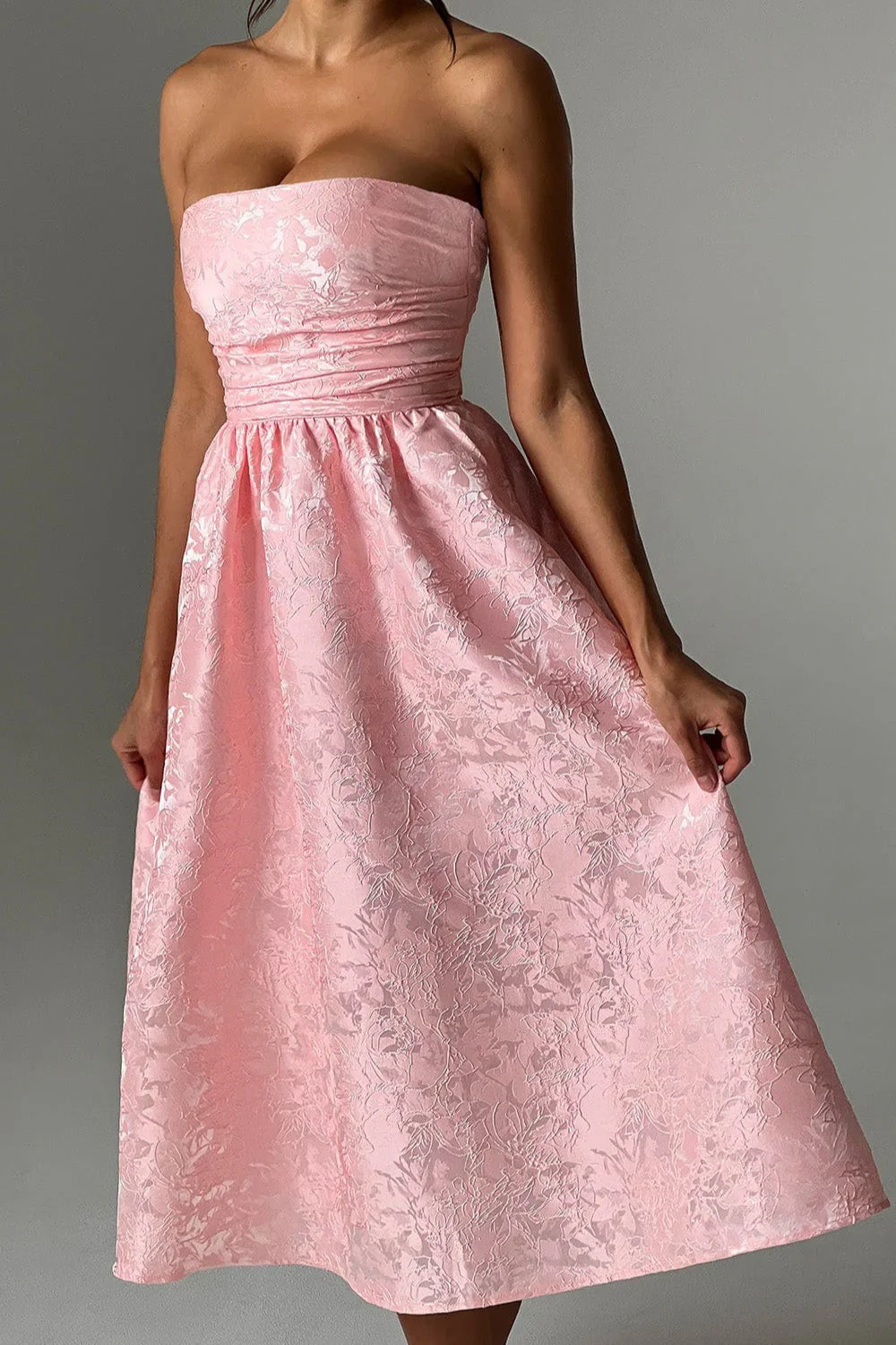 Solid Jacquard Strapless A-Line Party Dress - Image 5