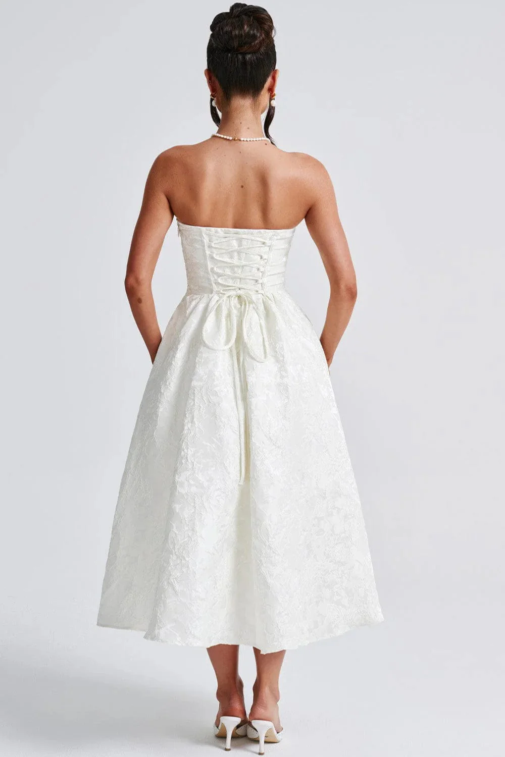 Solid Jacquard Strapless A-Line Party Dress - Image 6
