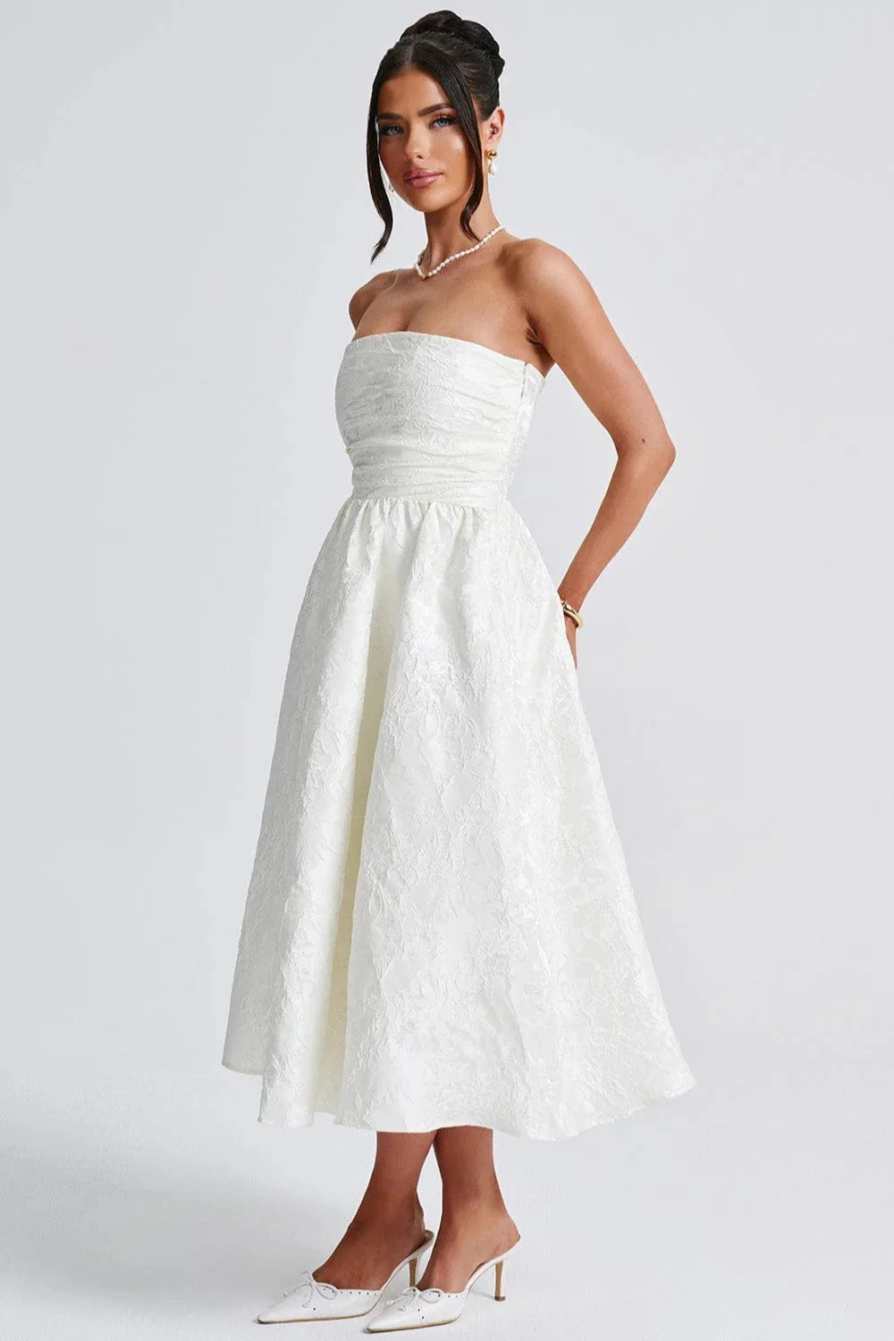 Solid Jacquard Strapless A-Line Party Dress - Image 7