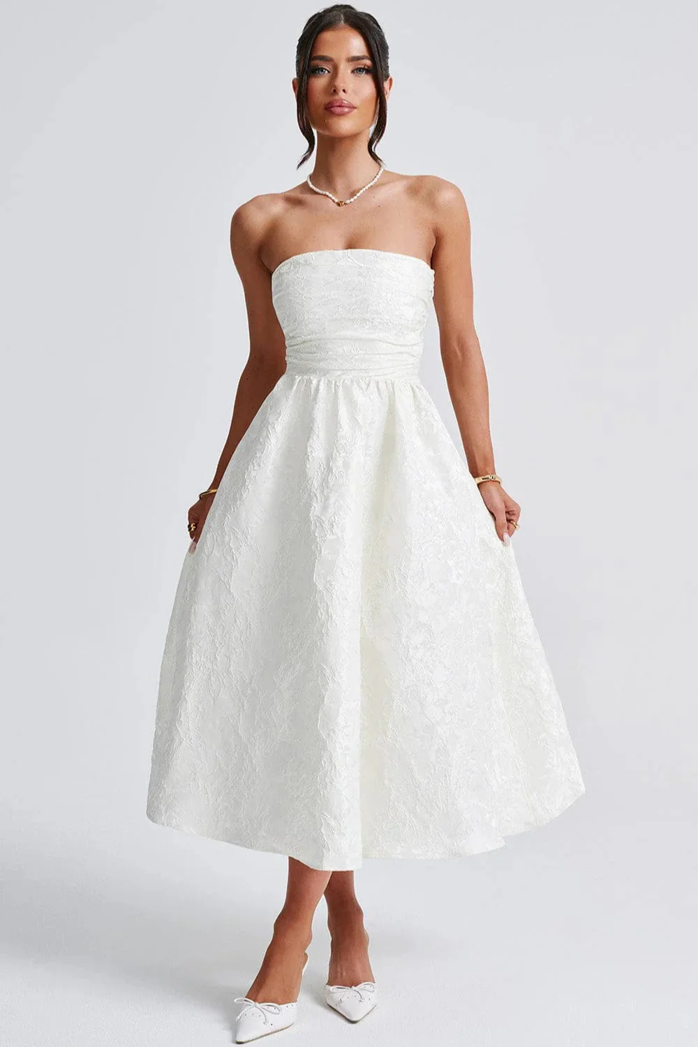Solid Jacquard Strapless A-Line Party Dress - Image 8