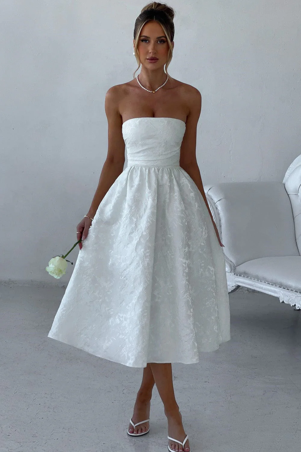 Solid Jacquard Strapless A-Line Party Dress - Image 9