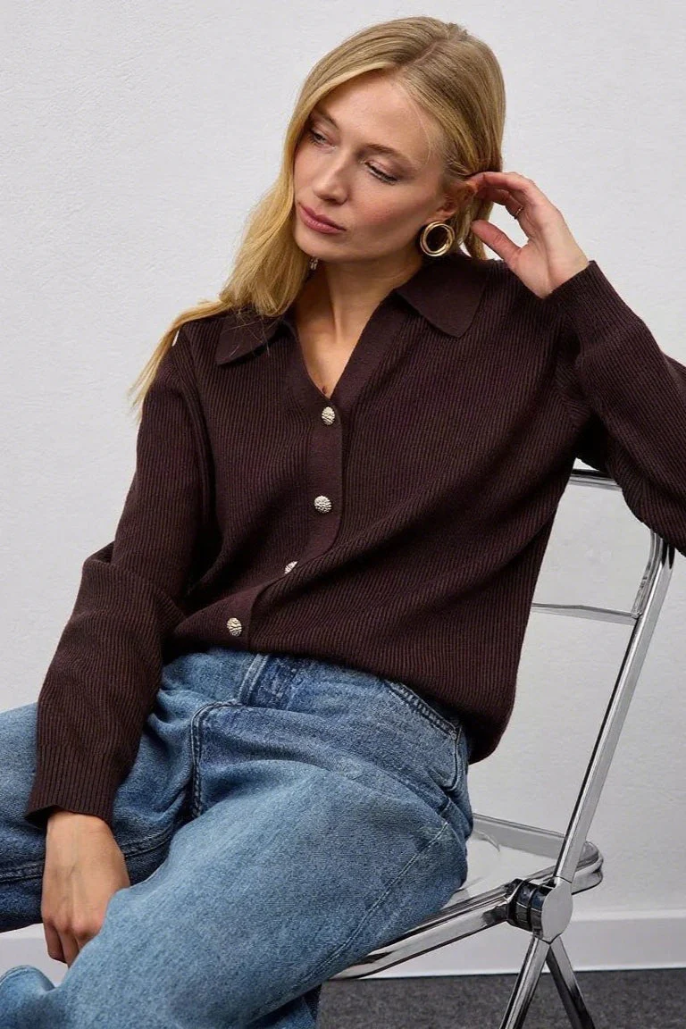 Solid V Neck Button Down Cardigan - Image 4