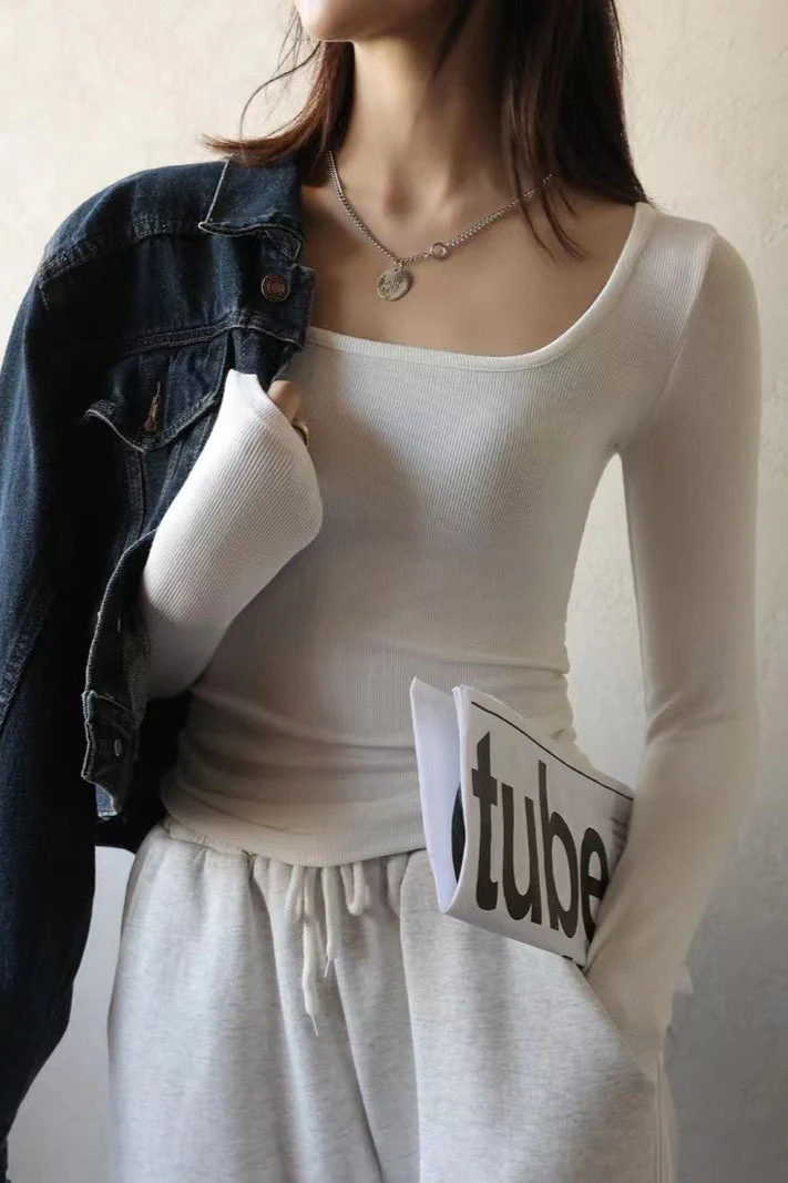 Square Neck Ribbed Stripe Panel Knit Top - Image 3