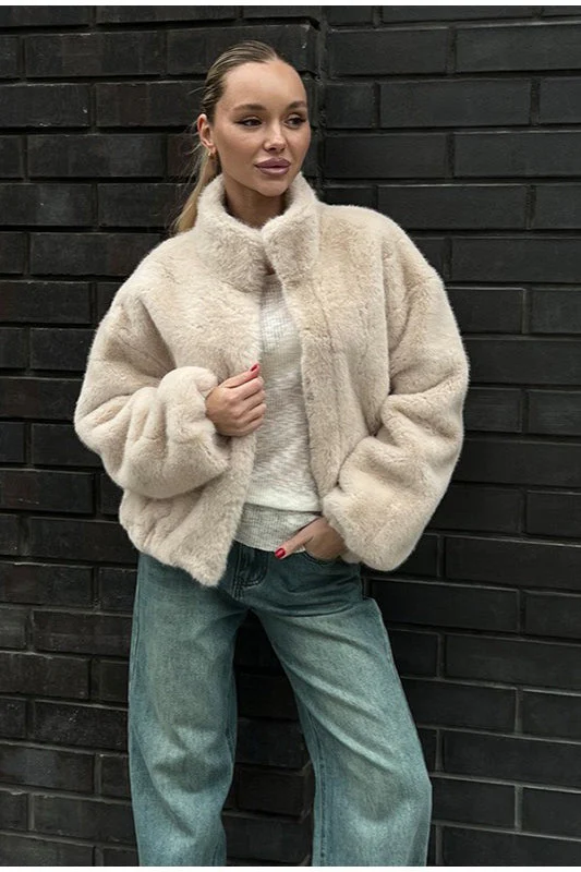 Stand Collar Faux Fur Cropped Jacket - Image 2