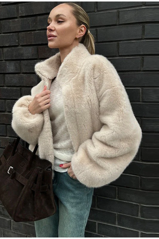 Stand Collar Faux Fur Cropped Jacket - Image 3