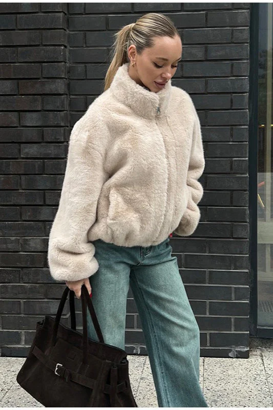 Stand Collar Faux Fur Cropped Jacket - Image 4