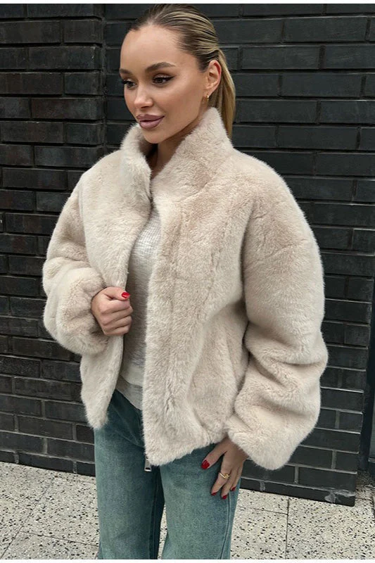 Stand Collar Faux Fur Cropped Jacket - Image 5