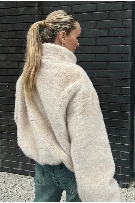 Stand Collar Faux Fur Cropped Jacket - Image 6