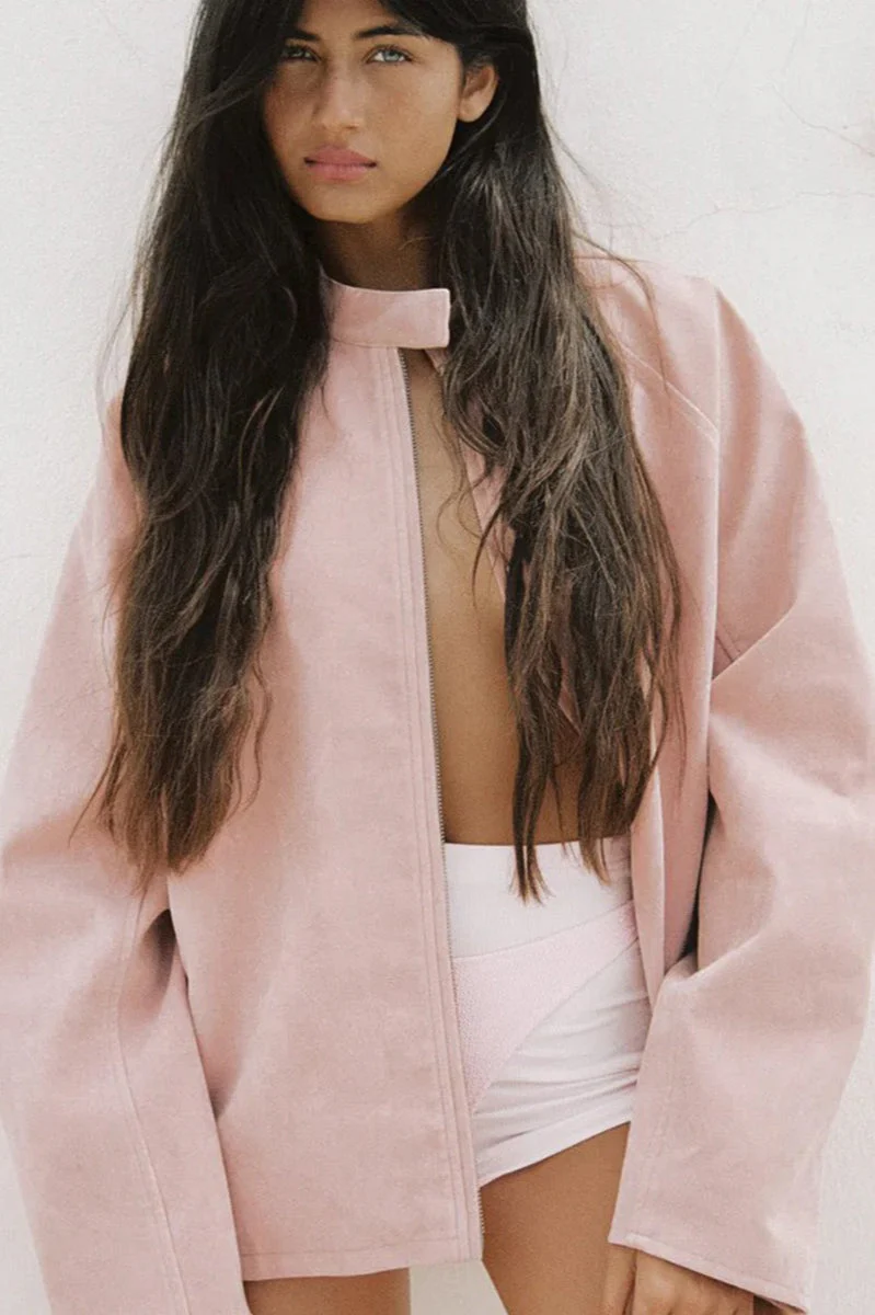 Stand Collar Suede Minimalist Jacket - Image 2
