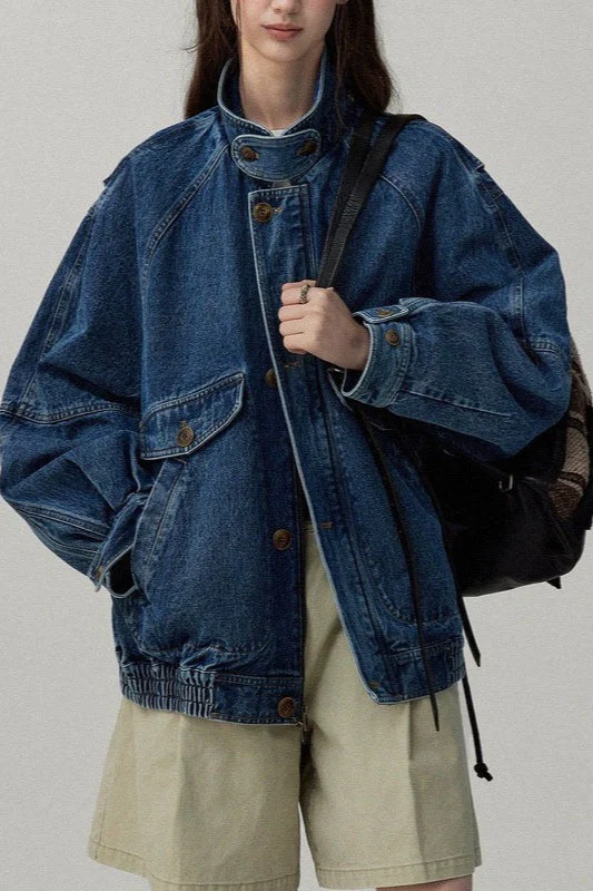 Stand Collar Washed Denim Utility Jacket - Image 2