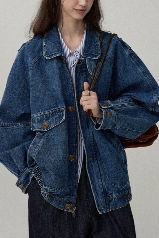 Stand Collar Washed Denim Utility Jacket - Image 3