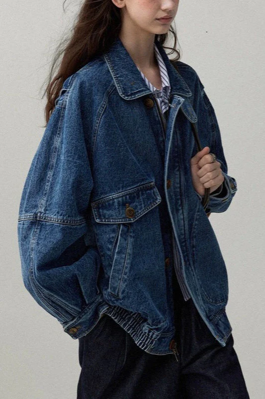 Stand Collar Washed Denim Utility Jacket - Image 4