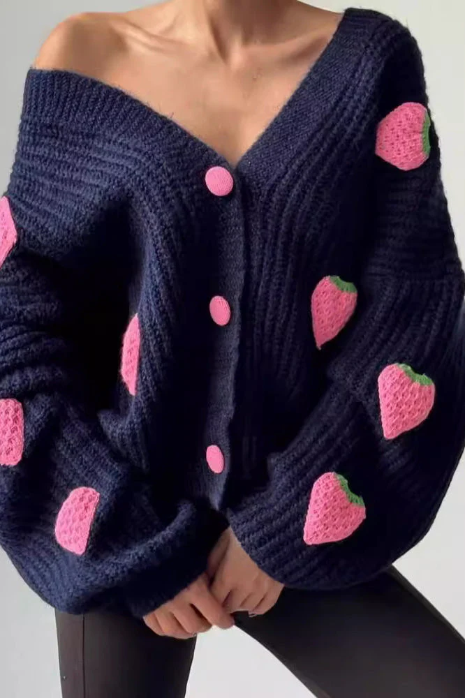 Strawberry Appliqué Chunky Knit Sweater - Image 3