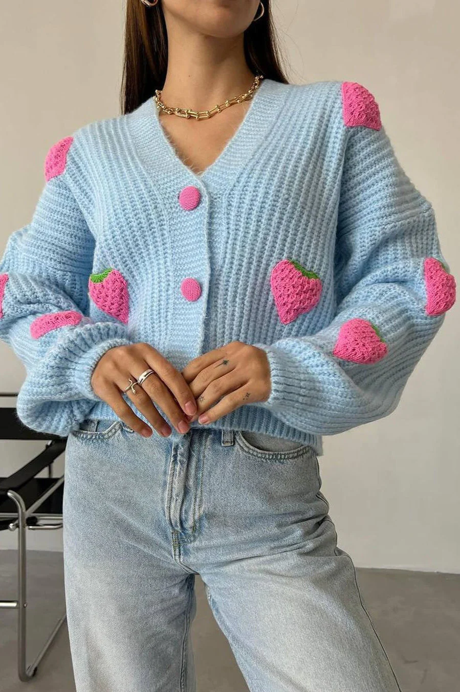 Strawberry Appliqué Chunky Knit Sweater - Image 33