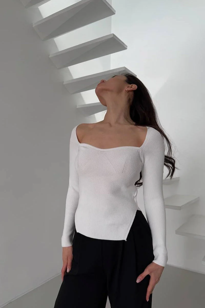 Stretch Ribbed Long Sleeve Knit Top - Image 2