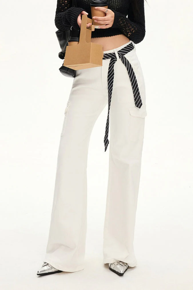 Stretch Slim Fit White Cargo Jeans - Image 2