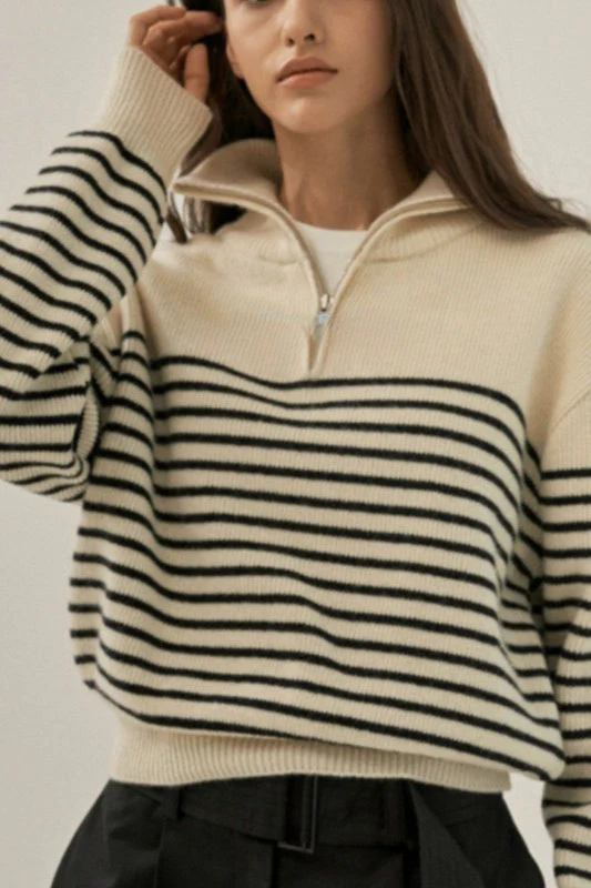 Striped Half Zip Knit Pullover Sweater - Image 2