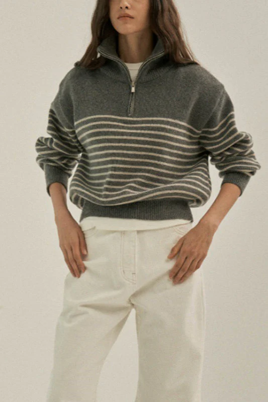 Striped Half Zip Knit Pullover Sweater - Image 3