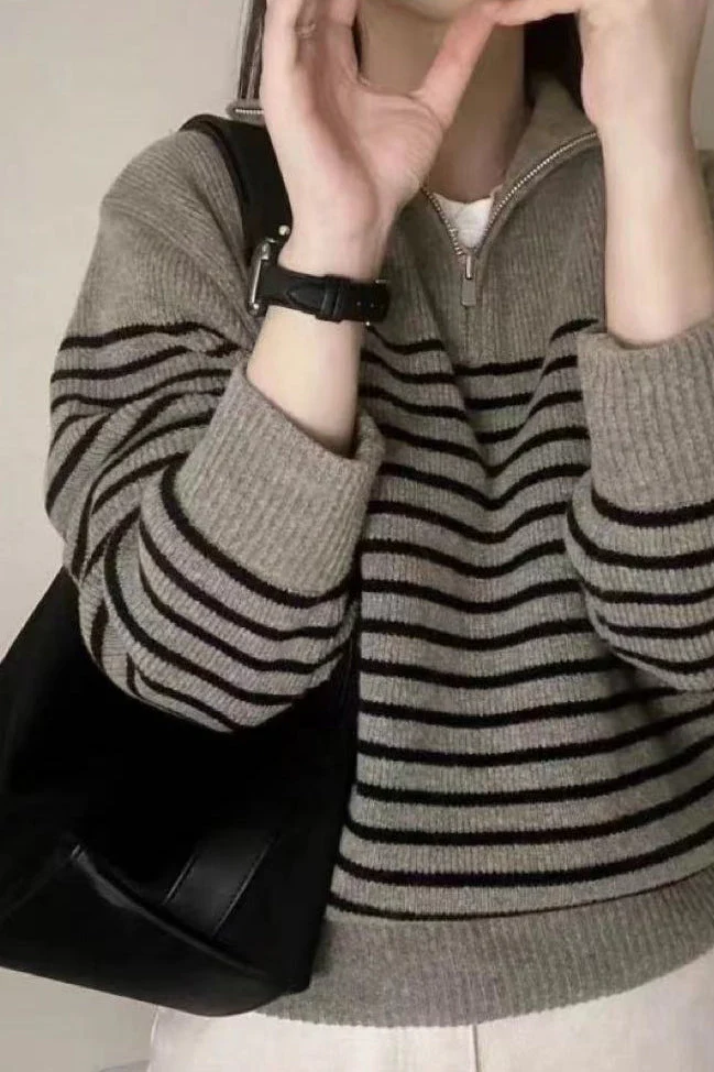 Striped Half Zip Knit Pullover Sweater - Image 5