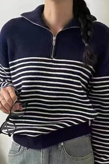 Striped Half Zip Knit Pullover Sweater - Image 7
