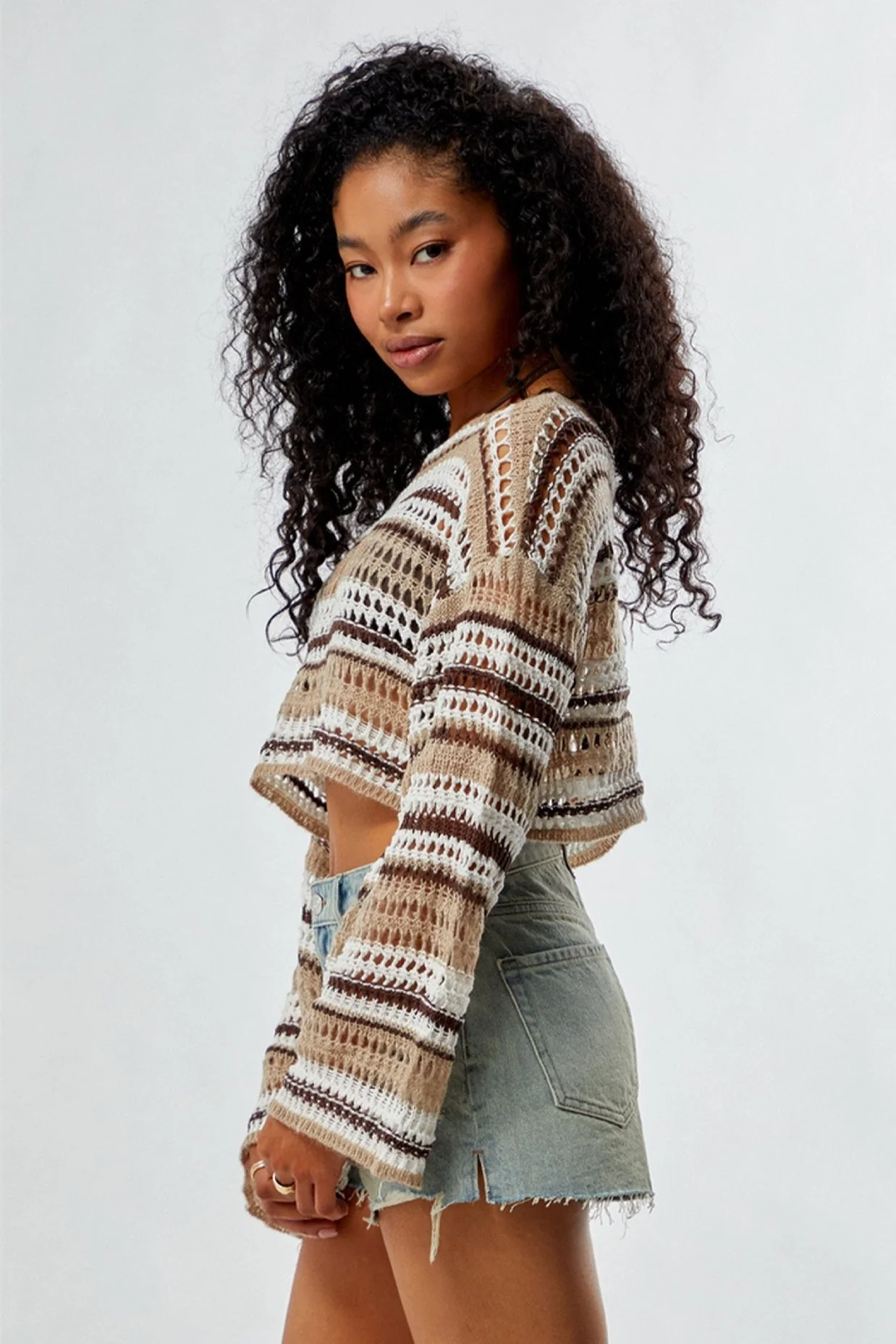 Striped Hollow Out Knit Cropped Sweater - Image 8