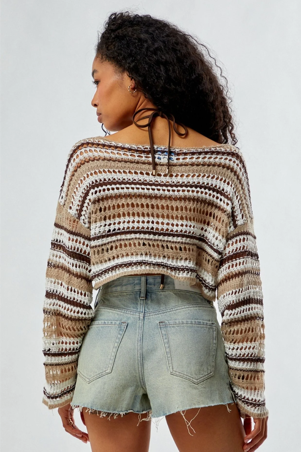 Striped Hollow Out Knit Cropped Sweater - Image 9