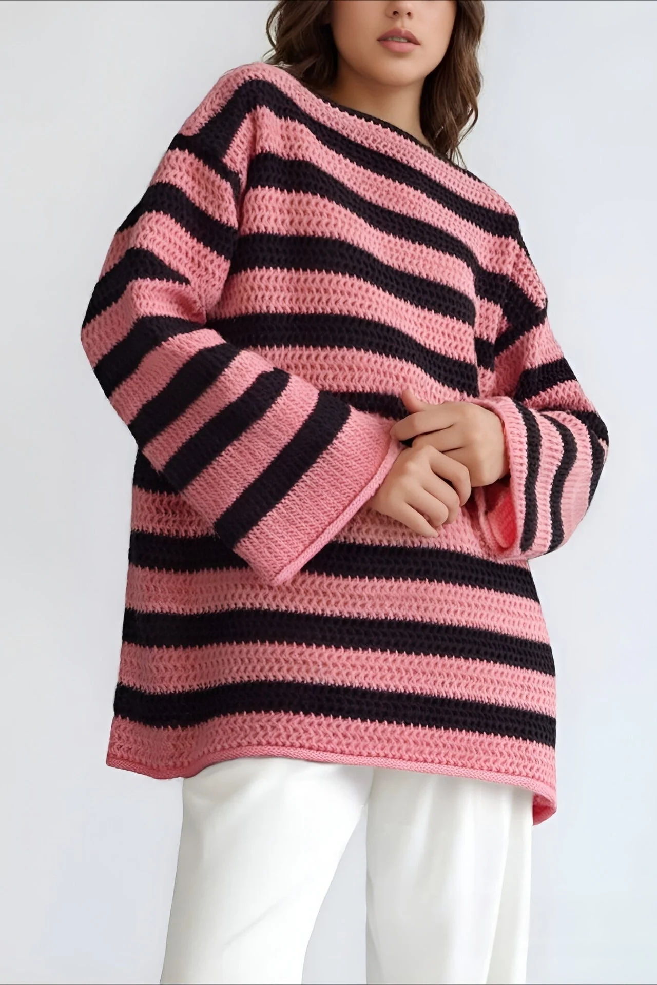 Striped Knit Casual Loose Sweater - Image 9