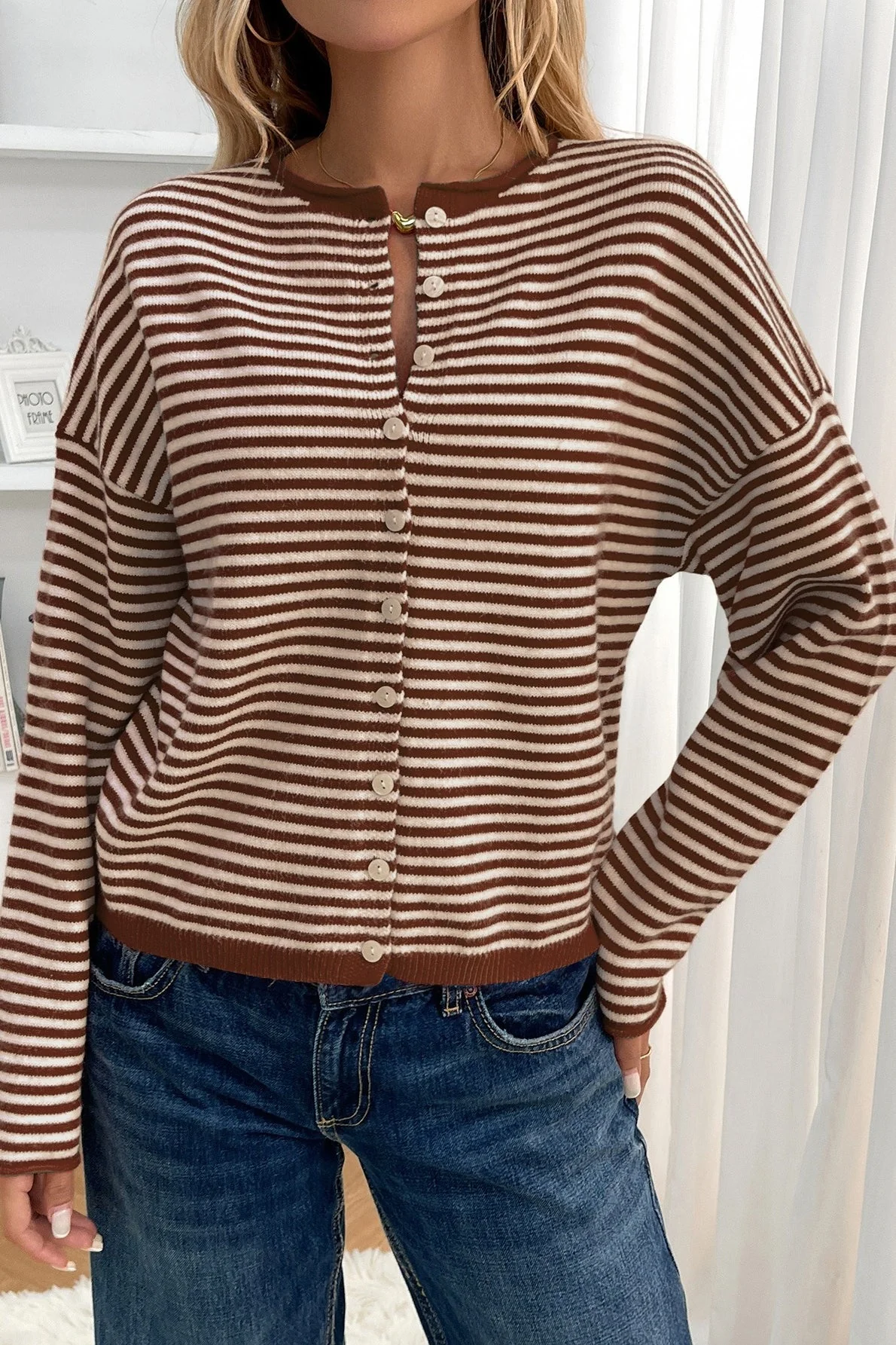 Striped Knit Round Neck Cardigan - Image 11
