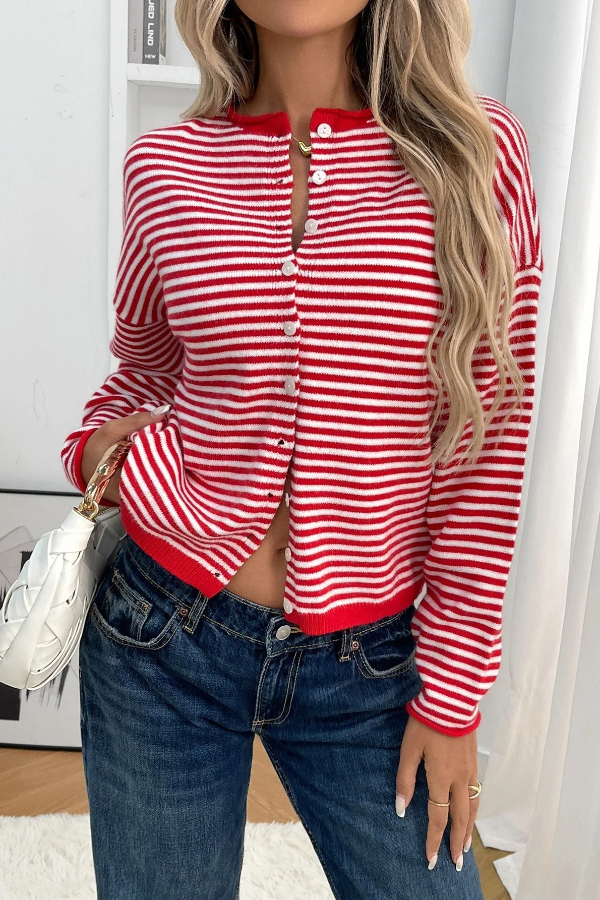 Striped Knit Round Neck Cardigan - Image 2
