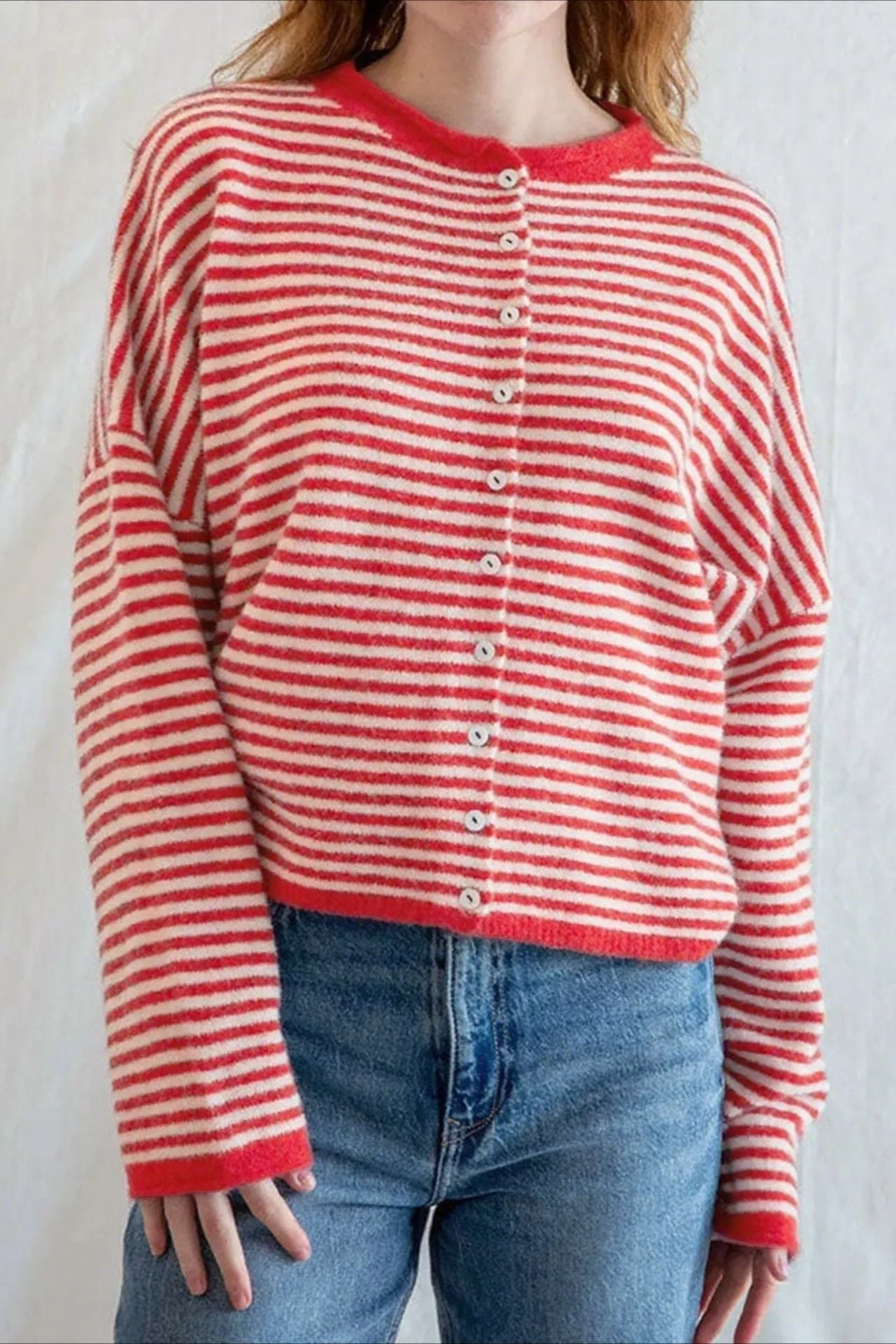 Striped Knit Round Neck Cardigan - Image 3